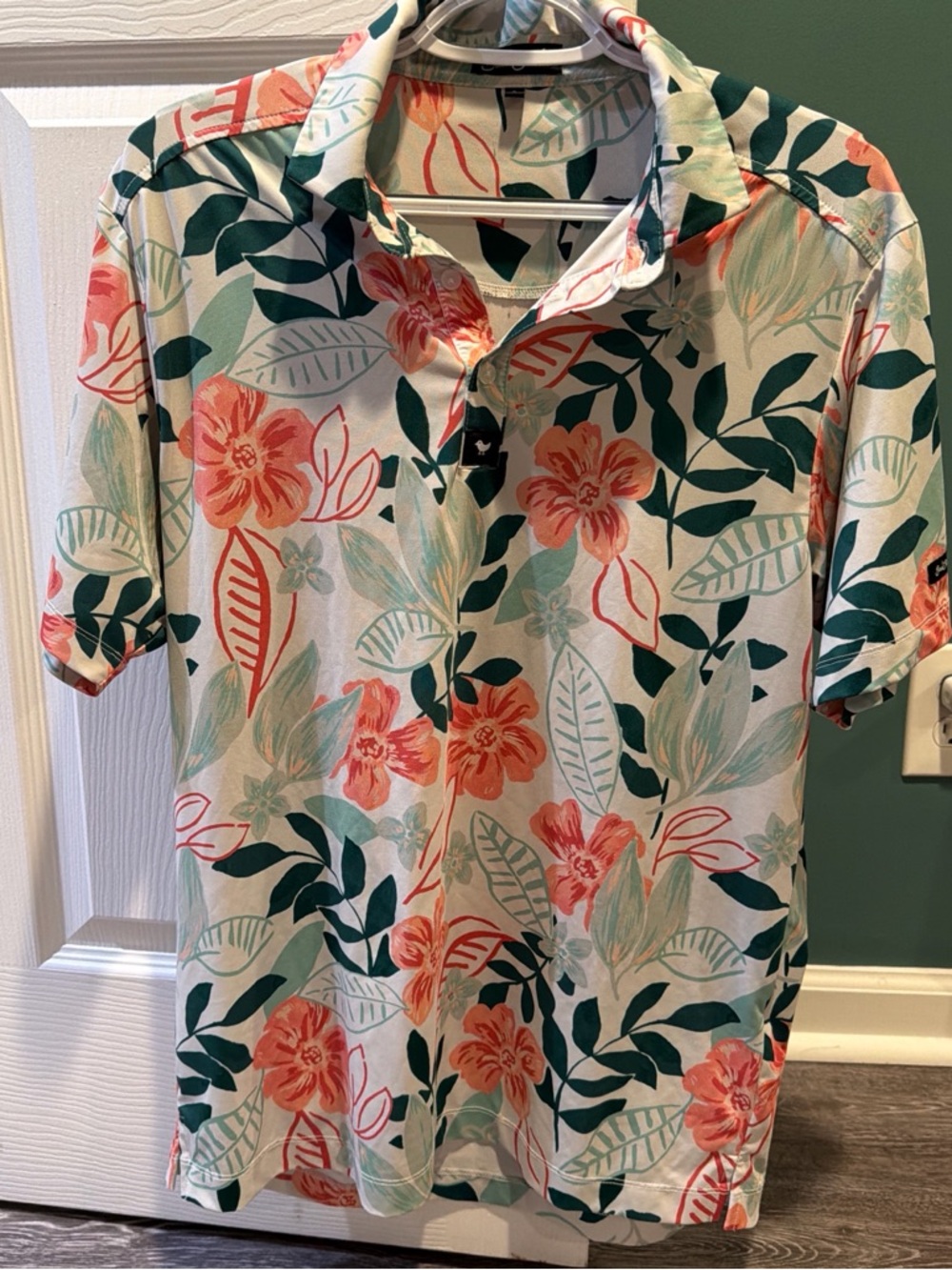 Bad Birdie Coral Floral Polo with Green Leaves on Cream